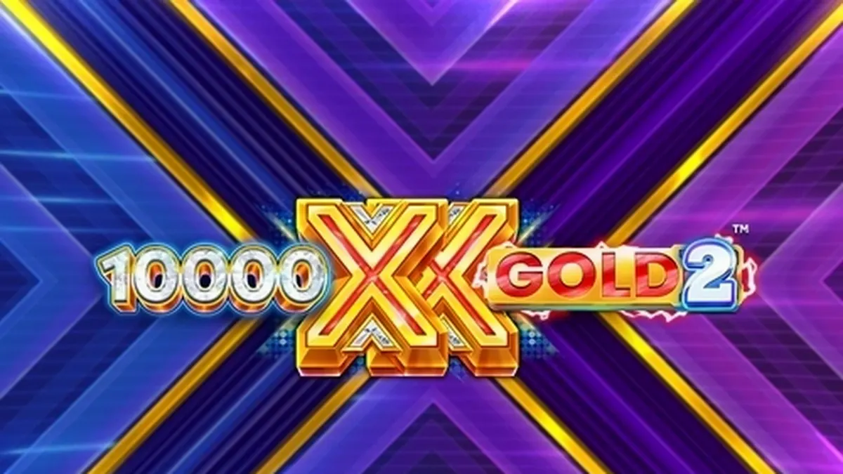 Tampilan visual slot 10,000 X Gold 2 dengan simbol emas dan latar belakang biru yang elegan.
