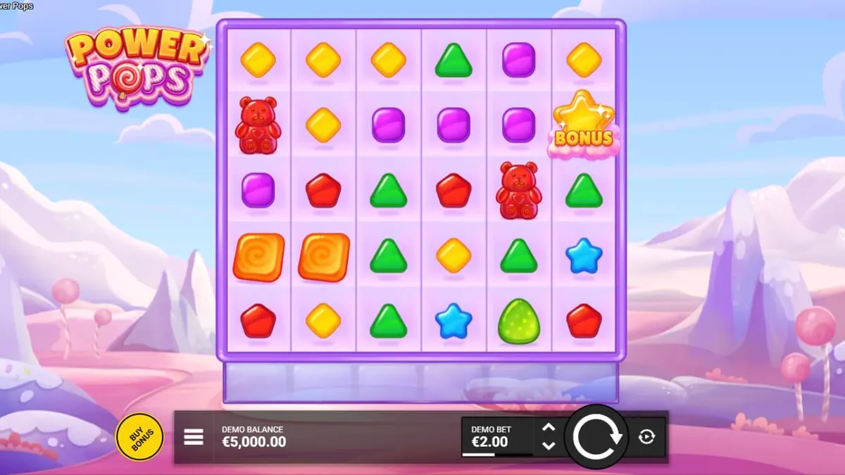 Tampilan visual slot Power Pops dengan tema permen yang penuh warna dan ceria