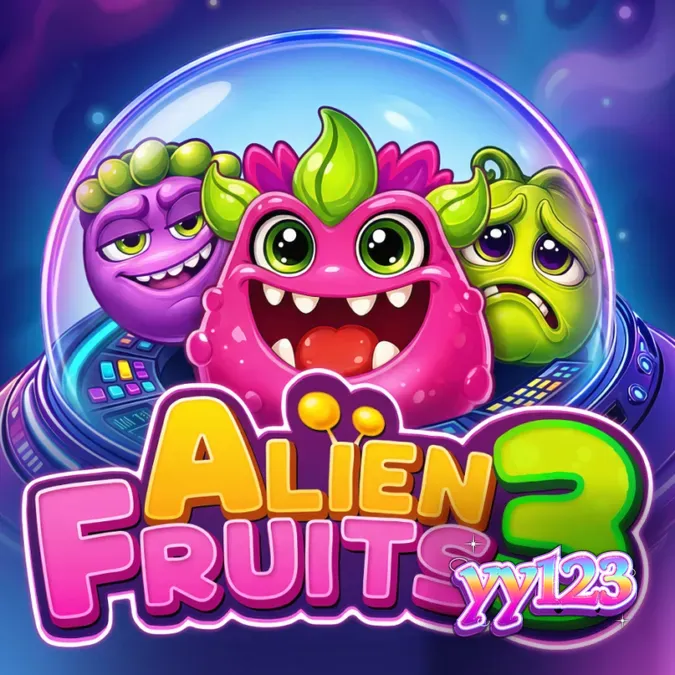 Tampilan antarmuka permainan slot Alien Fruits 3 dengan tema buah-buahan luar angkasa.